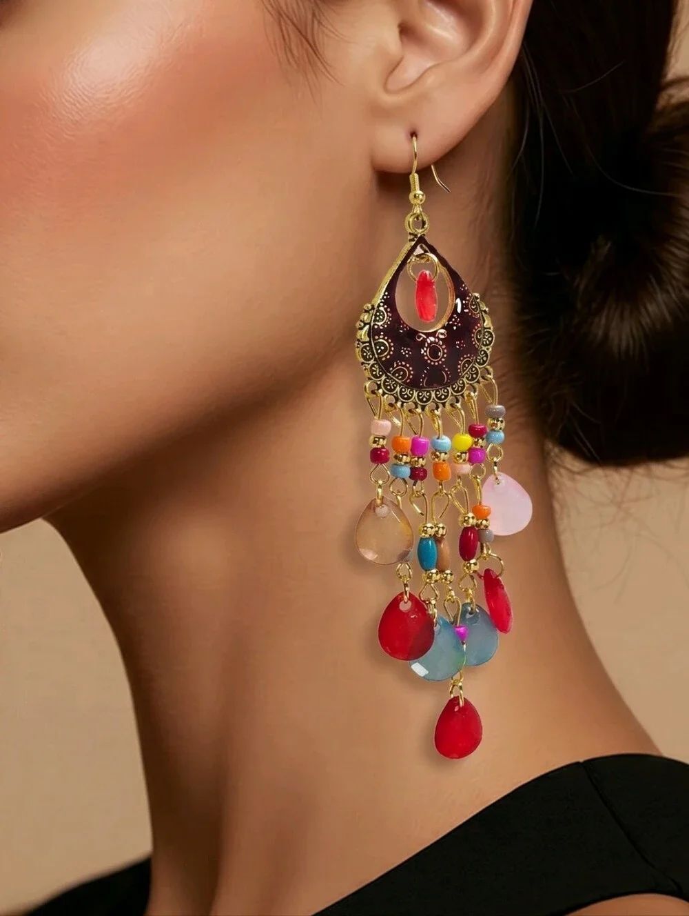 Colorful Boho Chandelier Earrings Waterfall Tassel Festival Glam Resort Chic
